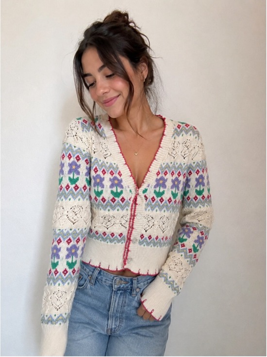 Zara Sweaters - ZARA Women’s Fair Isle Floral Knit Cropped Cardigan Sweater Size S Boho Cottage